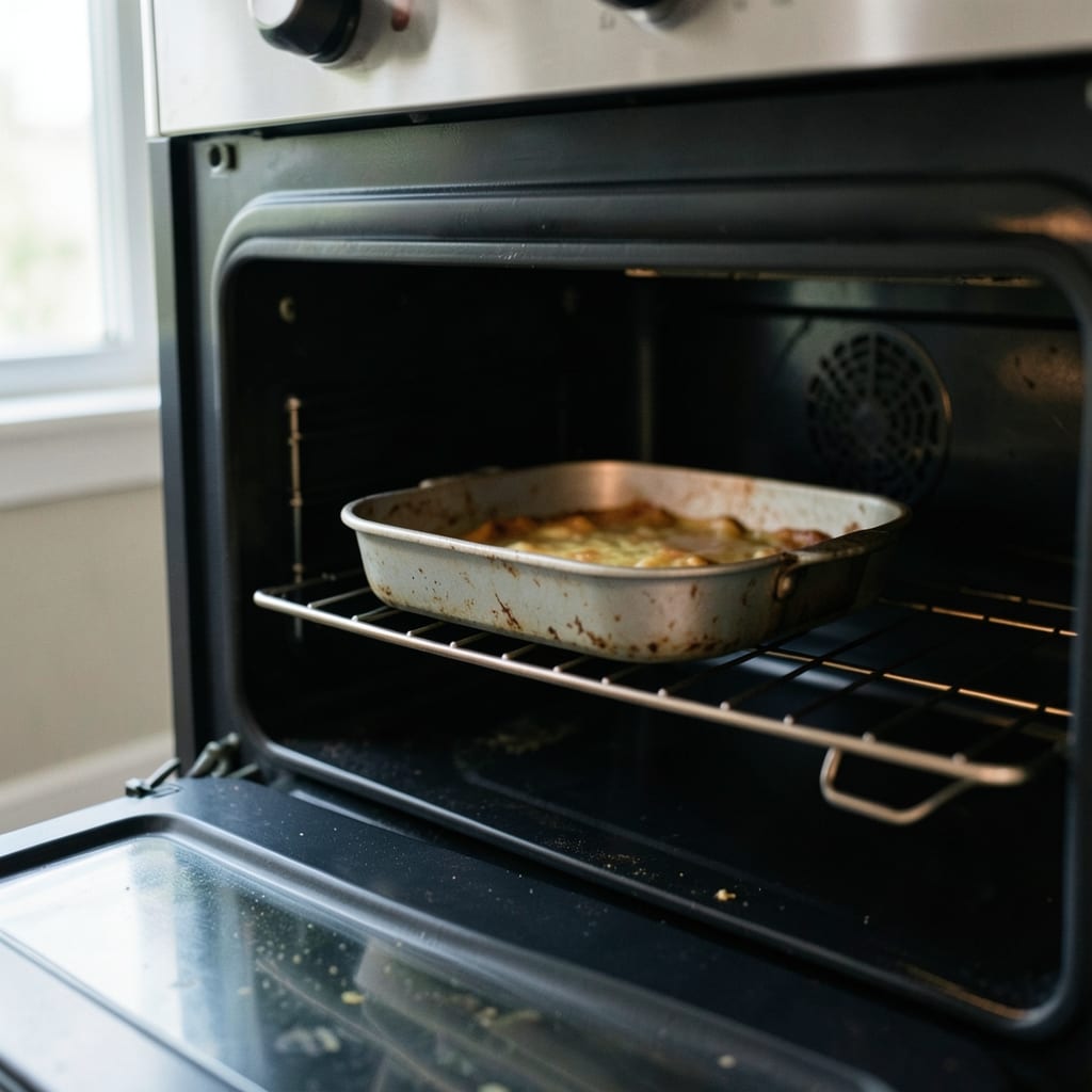 An ordinary home oven with one tin in it